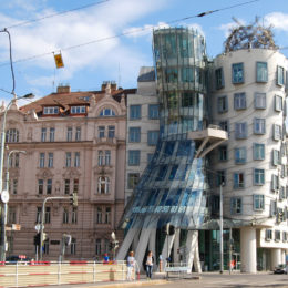 Dancing House tower with restaurant, designed by Frank Gehry